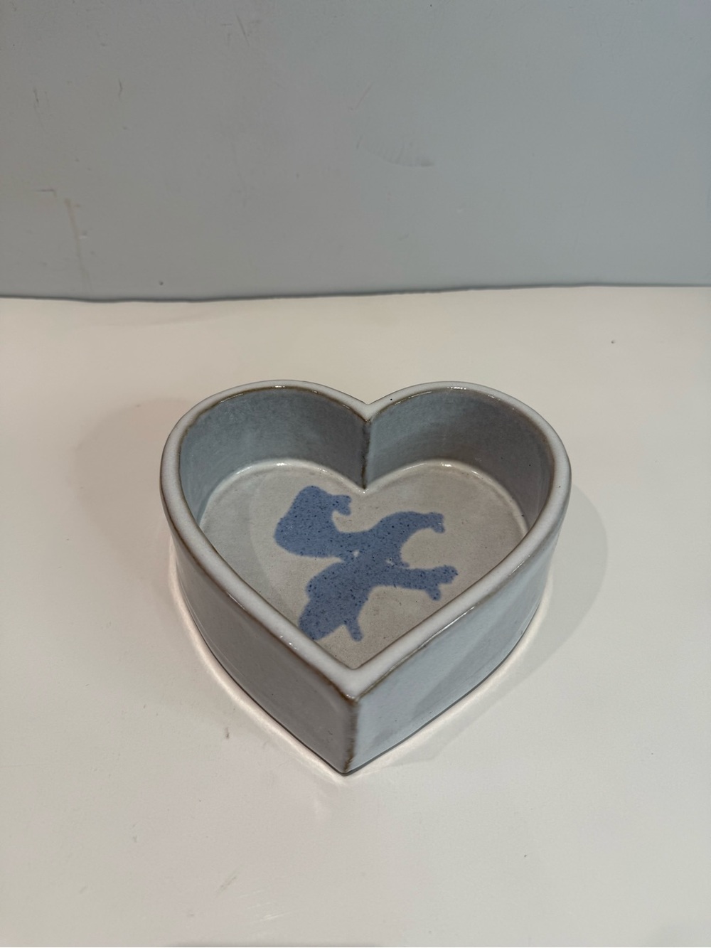 Vintage Stoneware Heart Shaped Trinket Dish Blue Bird Glazed Ceramic Bowl